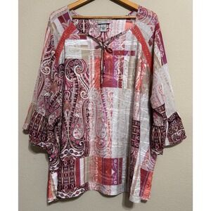 Catherines Women's 3X Shirt‎ Top Bohemian Peasant Colorful 3/4 Bell Sleeves